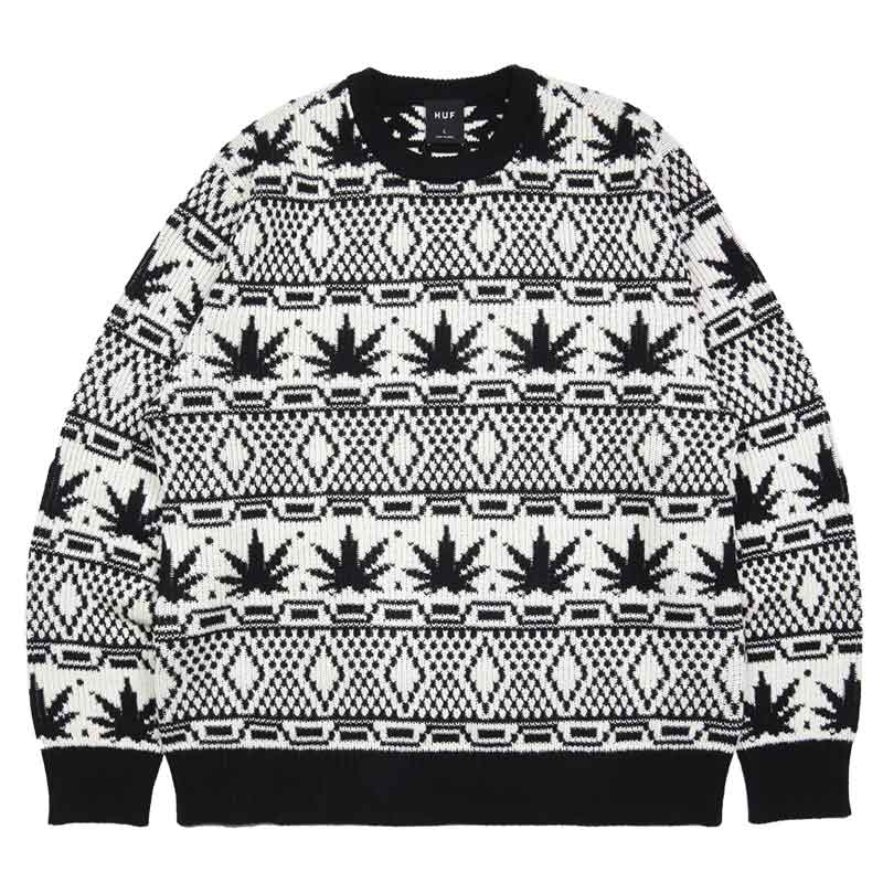 HUF ニット ハフ セーター 総柄 ジャガード メンズ レディース ブランド 大きいサイズ おしゃれ おすすめ 人気 コットンニット 綿100% スケボー スケーター ストリート huf24ho007 ナチュラル M L XL