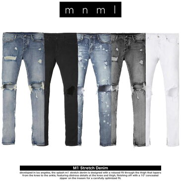 mnml デニム 裾ジップZIP ダメージジーンズ mnml M1 STRETCH DENIM ミニマル デニム クラッシュデニムパンツ スキニー スリム ストリート系メンズファッション