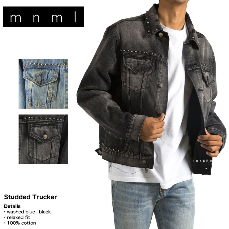 mnml ミニマル STUDDED TRUCKER 19ML-SP537Z メンズ レディース 春夏 デニムジャケット ラウンドスタッズ ダメージ ヴィンテージ ストリート系メンズファッション S M L XL