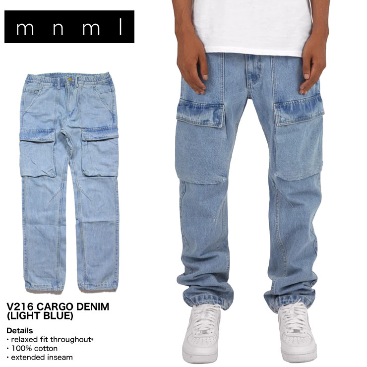 【MAX90％OFF！楽天スーパーSALE！28時間限定15%OFFクーポン配布中】mnml カーゴパンツ ミニマル デニム ジーンズ メンズ ブランド 大きいサイズ おしゃれ おすすめ V216 CARGO DENIM LIGHT BLUE ライトブルー 28 29 30 32 34 36 38のサムネイル