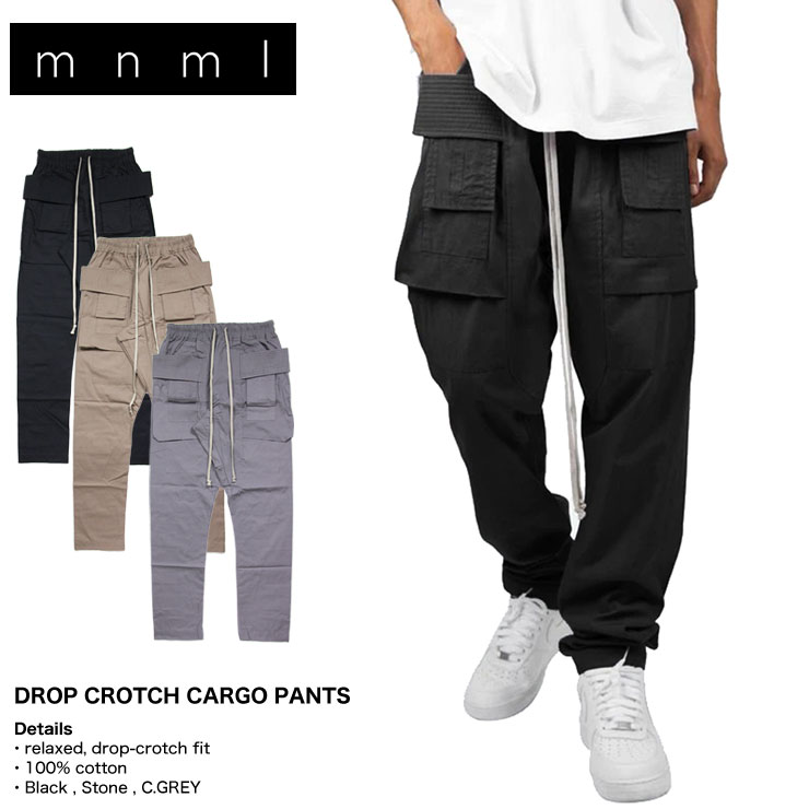 mnml ミニマル カーゴパンツ メンズ ブランド 大きいサイズ おしゃれ おすすめ ゆったり 太め 黒 綿 DROP CROTCH CARGO PANTS ブラック S M L XL XXL