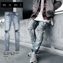 mnml ストレッチ 裾ZIPジップ ダメージクラッシュジーンズ mnml M1 SPLASH STRETCH DENIM /ミニマル デニム/クラッシュデニムパンツ/スキニー/スリムフィット/B系/ストリート系メンズファッション