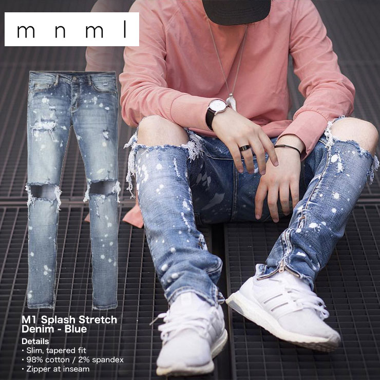 mnml ストレッチ 裾ZIPジップ ダメージクラッシュジーンズ mnml M1 SPLASH STRETCH DENIM /ミニマル デニム/クラッシュデニムパンツ/スキニー/スリムフィット/B系/ストリート系メンズファッション