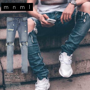 【MAX80％OFF♪大決算SALE 更に15％OFFクーポン配布中】mnml ストレッチ 裾ZIPジップ ダメージクラッシュジーンズ mnml M1 STRETCH DENIM BLUE/ミニマル デニム/クラッシュデニムパンツ/スキニー/スリムフィット/B系/ストリート系メンズファッション