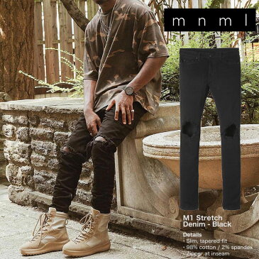 mnml ストレッチ 裾ZIPジップ ダメージクラッシュジーンズ mnml M1 STRETCH DENIM BLACK/ミニマル デニム/クラッシュデニムパンツ/スキニー/スリムフィット/B系/ストリート系メンズファッション