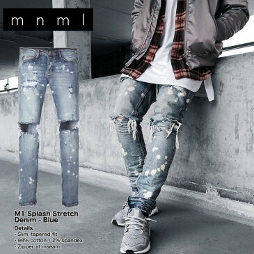 mnml ストレッチ 裾ZIPジップ ダメージクラッシュジーンズ mnml M1 SPLASH STRETCH DENIM BLUE/ミニマル デニム/クラッシュデニムパンツ/スキニー/スリムフィット/B系/ストリート系メンズファッション