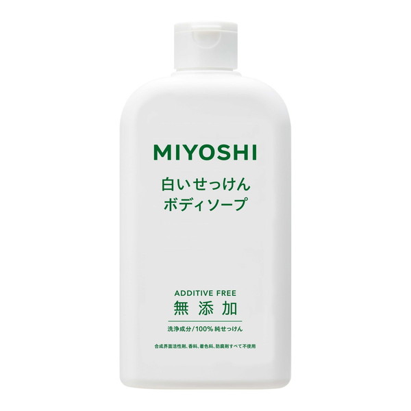 固形石けんの成分を配合することで、よりお肌にマイルドにしました。石けんならではのさっぱり感で、すすいだときもぬるぬるせず、泡切れがよいのが特長です。 洗浄成分は100％石けん。 香料、着色料、防腐剤等無添加。 【発売元・製造元】 ミヨシ石鹸（株） 【区分】 日本製・化粧品 広告文責：株式会社ボーテ 電話：03-6303-0909