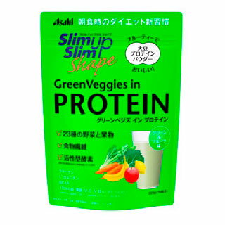 【商品詳細】 ●食事制限中のダイエッターに不足しがちなたんぱく質が補えるプロテインパウダー。 ●特にたんぱく質が不足しがちな朝食の栄養補給にもオススメです。 ●1回分（15g）※1当たり、たんぱく質7.5g配合。 ●大豆プロテイン、23種の野菜と果物、食物繊維、活性型酵素※2配合でダイエット中の健康をサポート。 ●水や牛乳、豆乳に混ぜるだけで簡単に作れます。 ●フルーティーで飲みやすいグリーン＆フルーツ味。 ※1 国立研究開発法人 医薬基盤・健康・栄養研究所　日本人におけるたんぱく質とアミノ酸摂取の現状　2012年国民健康栄養調査 ※2 活性のある酵素を含有した穀物発酵エキス末を使用 【成分】 大豆蛋白（国内製造）、砂糖、水溶性食物繊維、豚コラーゲンペプチド（ゼラチンを含む）、野菜・果実混合粉末、穀物発酵エキス末（小麦を含む）、バナナ粉末、りんご果汁粉末、植物油脂、L−カルニチンL−酒石酸塩／トレハロース、V．C、乳化剤、クチナシ色素、香料（乳由来）、糊料（増粘多糖類）、ピロリン酸第二鉄、甘味料（ステビア、アセスルファムK、スクラロース、ラカンカ）、ロイシン、バリン、イソロイシン、葉酸、V．B12 【発売元・製造元】 アサヒグループ食品 【区分】 健康食品 広告文責：株式会社ボーテ 電話：03-6303-0909