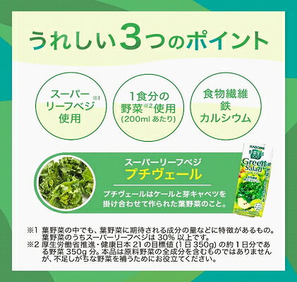 アットコンビニ楽天市場店の【送料無料】 カゴメ 野菜生活100 グリーンサラダ 200ml紙パック 24本入 野菜ジュース スーパーリーフベジ使用 green salad 食物繊維 鉄分 カルシウム ※北海道800円・東北400円の別途送料加算｜アングル3