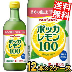 【送料無料】 ポッカサッポロ ポッカレモン100 450ml瓶 24本(12本×2ケース) 保存料無添加 濃縮還元レモン果汁100％ ※北海道800円・東北400円の別途送料加算