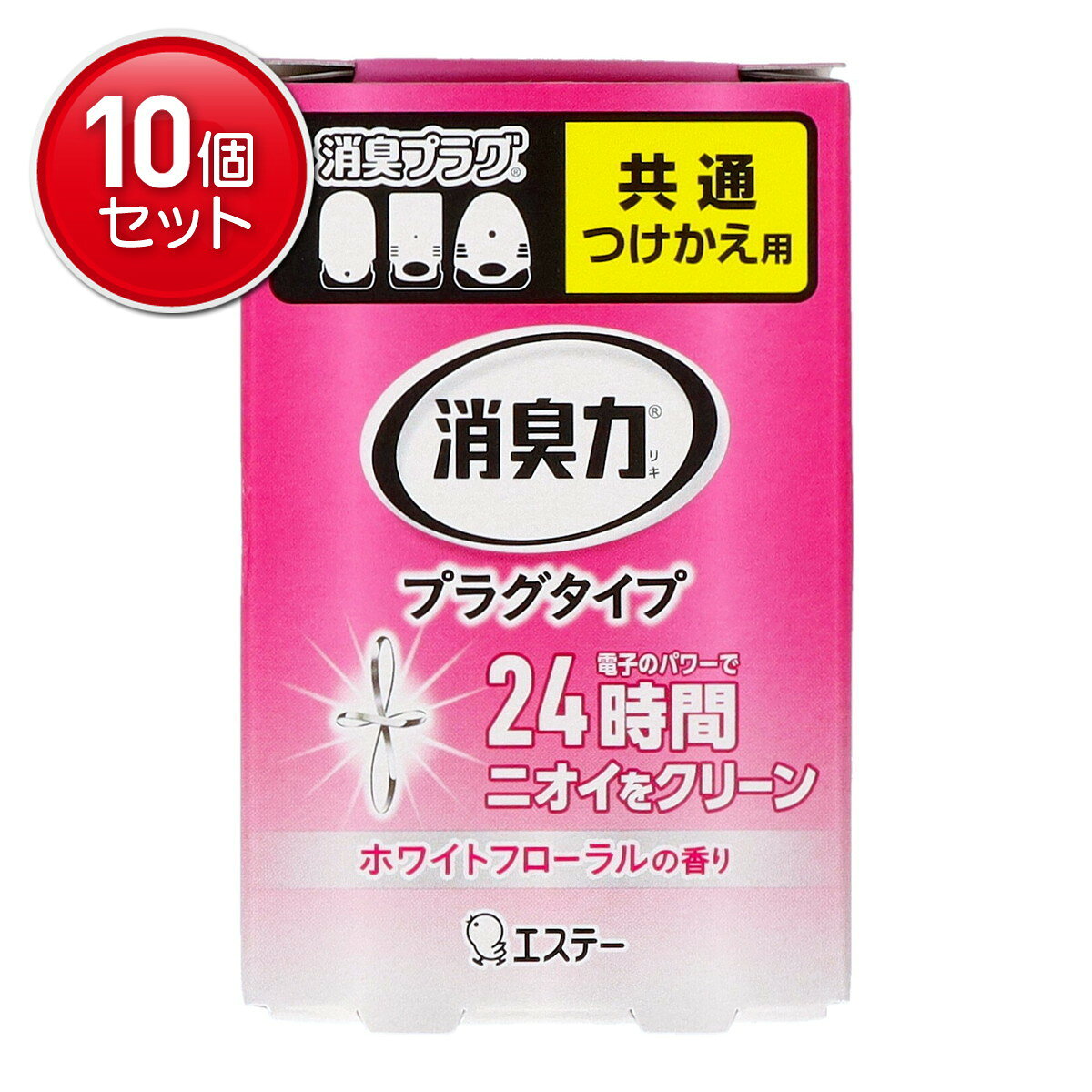　フレッシュパワー消臭力 プラグタイプ つけかえ用 ホワイトフローラルの香り 20mlブランド：販売・製造元：エステーコンセント式消臭剤 玄関・リビング用消臭剤 つけかえ用です。お部屋にブーケを飾るような、ホワイトフローラルの香りがお部屋に広がります。1日24時間の使用で約60日間※効果が持続します。1ヶ月の電気代約24円。消臭プラグ共通つけかえ用。※使用環境・季節により異なります。 使用方法(1)消臭力プラグタイプ本体をコンセントから抜き、ボトル側面を持ち、空になったボトルを抜き取ります。(2)新しいボトルのキャップをはずし、ボトルを傾けずに、正面を合わせてゆっくり差し込んでください。(3)必ずボトルを下側にして、プラグを壁のコンセントに奥までしっかり差し込んでください。(差し込みがゆるいコンセントには使用しない。) 使用上の注意●誤飲に注意●火気厳禁●他の用途には使用しない。●本体に衝撃を与えたり、分解、修理、改造は絶対にしない。●濡れた手でコンセントの抜き差しをしない。また、針金やピンなどを本体に差し込まない。火傷や感電の原因となる。●家庭用100V以外の電源では使用しない。●本体の天面や側面のすきまを絶対にふさがない。液モレ、故障、ショート(発火)の原因になる。●幼児やペットのいたずらに充分注意する。●万一、薬液が皮膚についたり、目に入った時は、流水で充分に洗い流す。誤って飲み込んだ場合は吐かせずすぐに口すすぎ、コップ1-2杯程度の水を飲ませる。いずれの場合も速やかに医師に相談する。●本体は必ず天面を上にして使う。●薬液がこぼれるので横倒しや逆さまにしない。コンセントからはずして置くと倒れやすいので、液がこぼれないように注意する(キャップがある場合は、閉めて保管する。)●薬液をこぼした場合は、シミや変色のおそれがあるのですぐにふき取る。薬液が付着すると、塗装面やプラスチックなどを傷めたり、床や畳を汚す場合がある。●水がかかる場所、火気の近く、直射日光が当たる場所、高温多湿になる場所(ファンヒーターの近くなど)で使用しない。●使用の際は周囲50cmには物を置かない(汚す場合がある)。●必ず壁のコンセントのみに使用し、二股コンセント、延長コードなどでは使用しない。●薬液を他の製品に使用したり、ほかの薬液につめかえて使用しない。※本体の汚れは、洗剤の使用をさけ、乾いた布でふき取ってください。※本品は天然成分を使用しているため使用中や保管の際に薬液や芯の先、ボトルが変色することがありますが品質上問題ありません。※使用後は地域の規則に従って捨てる。※必ず壁のコンセントに正しく差し込んでください。(必ず正立でご使用ください。液モレの原因になります。)※本体とボトルにガタツキがありますが、使用上問題ありません。※本体は使用中に熱を持ちますが、異常ではありません。 品質表示●用途：室内用●成分：植物精油、香料●内容量：20ml●定格電圧：100V 50-60Hz共用●消費電力：1.5W日本国内のみご使用ください。 原産国日本 お問い合わせ先エステー株式会社お客様相談室：03-3367-2120※誤って飲んだ時は下記にご相談ください。公益財団法人 日本中毒情報センター 中毒110番・(大阪)TEL：072-727-2499・(つくば)TEL：029-852-9999 消臭剤全部とは消臭剤は、お部屋やトイレ、車の中など、あらゆる空間の嫌なニオイを消す商品です。屋外用、業務用の消臭剤から、赤ちゃんがいても使える自然派の消臭剤まで豊富なラインナップ。消臭スプレー、消臭シール・消臭ボトル等、用途に合った消臭剤をお選び下さい。日用品／家庭用品／消臭・芳香剤／消臭剤 つけかえ用・詰め替え用JANコード： 49010701231481cs：20広告文責：アットライフ株式会社TEL 050-3196-1510※商品パッケージは変更の場合あり。メーカー欠品または完売の際、キャンセルをお願いすることがあります。ご了承ください。