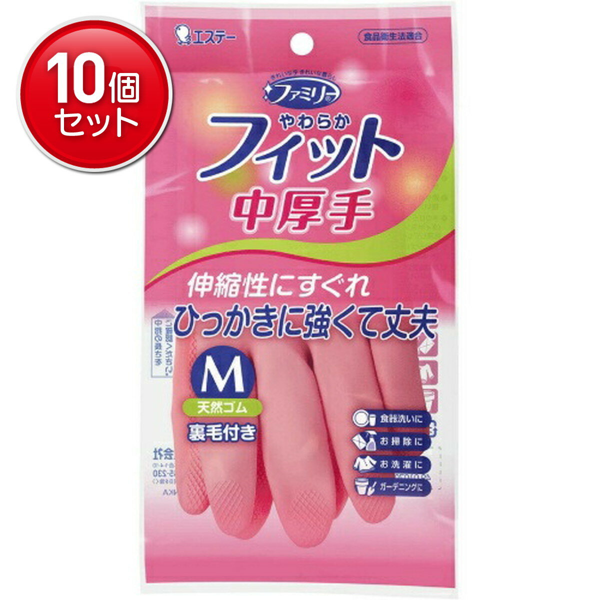 商品名：エステー やわらかフィット　天然ゴム手袋　M　ピンク内容量：1個ブランド：やわらかフィット原産国：スリランカ伸縮性がよくて丈夫●天然ゴム製なので、伸縮性に富み、しなやかに手にフィットします。●裏毛つきで着脱しやすく保温性にも優れています。●熱や刺し傷、引き裂きに比較的強い天然ゴム製です。●手のひら全体にすべり止め加工を施しています。JANコード:4901070743223商品番号：101-52031姫路流通センター＞ キッチン用品・雑貨・エプロン 広告文責：アットライフ株式会社TEL 050-3196-1510※商品パッケージは変更の場合あり。メーカー欠品または完売の際、キャンセルをお願いすることがあります。ご了承ください。