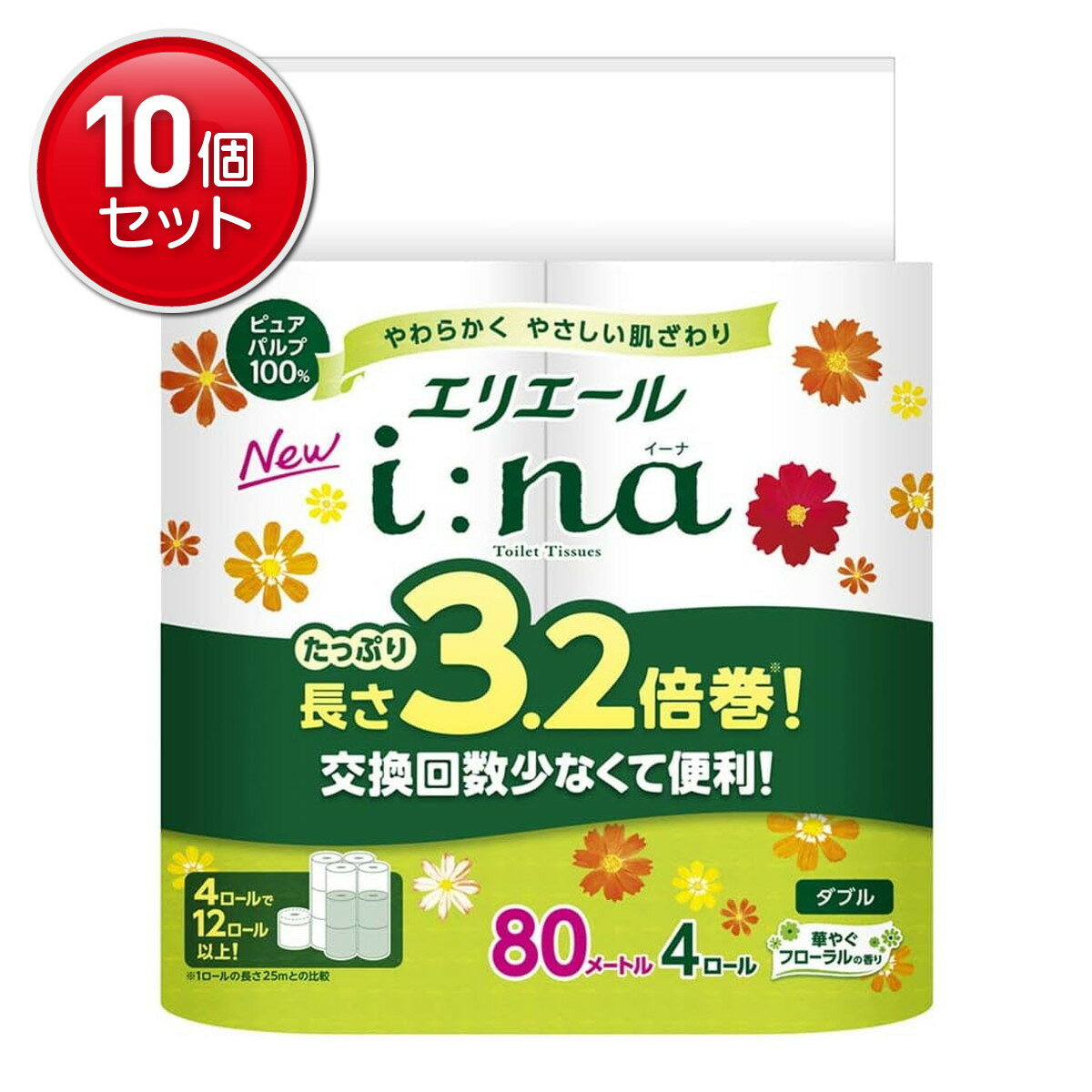 【最安挑戦！まとめ買い×10点セット】大王製紙 エリエール i:na イーナ トイレット 3.2倍巻 華やぐフローラルの香り ダブル 4ロール入