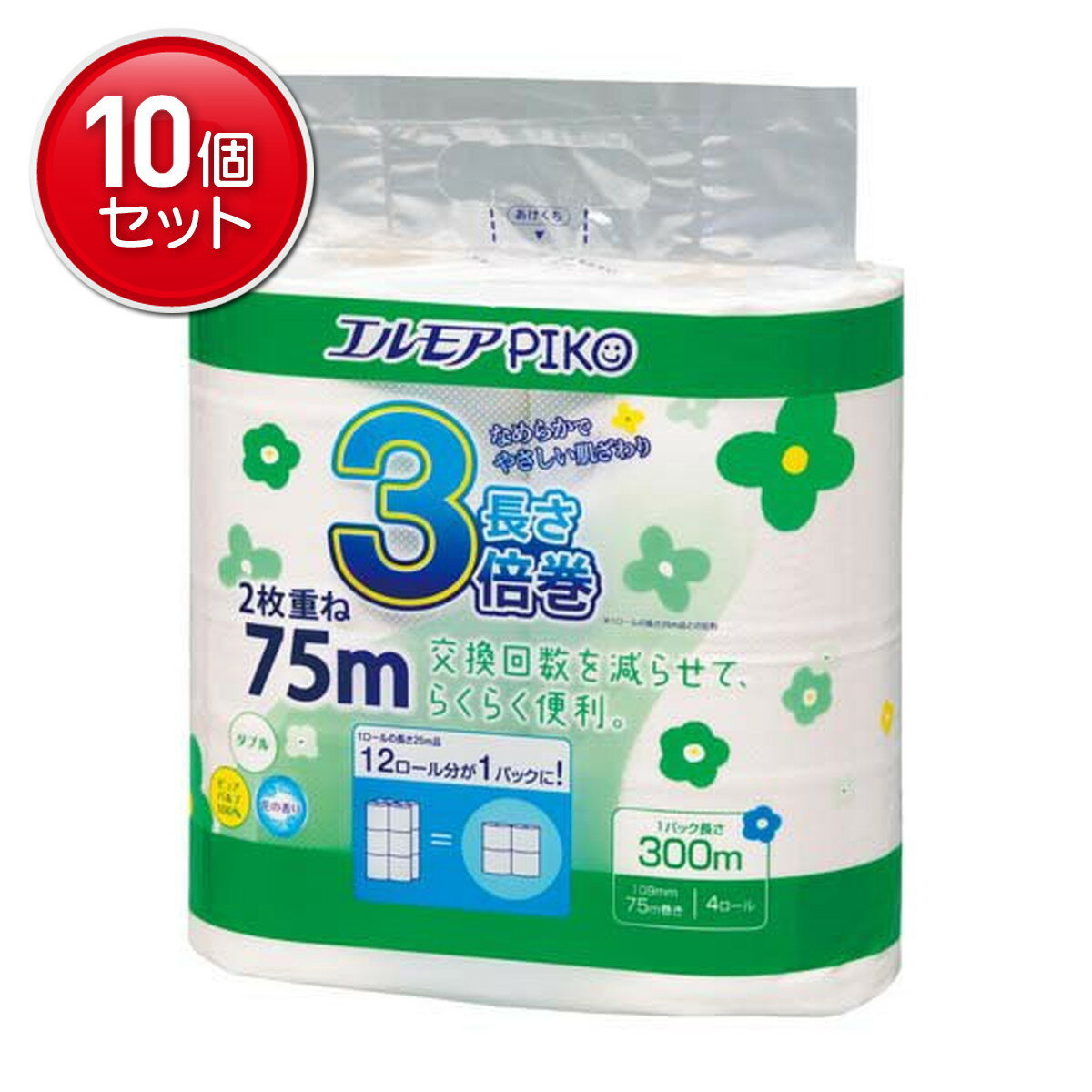 【最安挑戦！まとめ買い×10点セット】カミ商事 エルモア ピコ 3倍巻 4ロール ダブル2枚重ね 75M トイレットペーパー