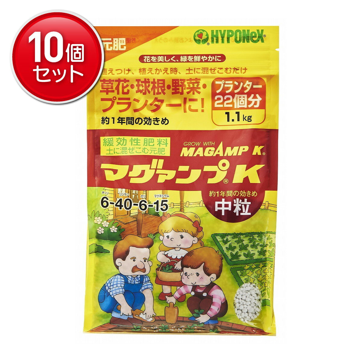 商品名：ハイポネックス マグァンプK 中粒 1.1kg 草花・球根・野菜・プランターに 元肥内容量：1.1kgJANコード：4977517012955発売元、製造元、輸入元又は販売元：ハイポネックスジャパン原産国：日本商品番号：101-4977517012955商品説明▼土に混ぜ込む緩効性肥料▼1回与えるだけで、ゆっくり長く効き続け、植物の生育を良くします。▼リンサン効果で丈夫な根をつくり、花・実つきを良くします。▼草花、球根、野菜、観葉植物など、いろいろな植物に適しています。広告文責：アットライフ株式会社TEL 050-3196-1510 ※商品パッケージは変更の場合あり。メーカー欠品または完売の際、キャンセルをお願いすることがあります。ご了承ください。