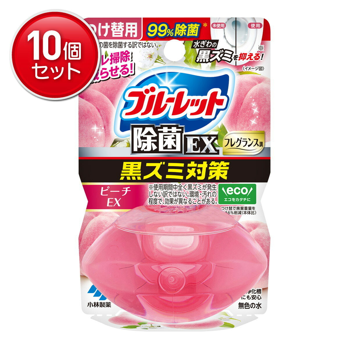 商品名：小林製薬 液体 ブルーレットおくだけ 除菌EX フレグランス つけ替用 ピーチEX 67ml トイレ用洗剤内容量：67mlJANコード：4987072092781発売元、製造元、輸入元又は販売元：小林製薬原産国：日本商品番号：101-*010-4987072092781商品説明●除菌処方で水ぎわの黒ズミの発生を抑え、お掃除が楽になります、洗浄・防汚成分を配合●流すたびに便器表面をコートし汚れの付着を抑える●除菌率99％●お得なつけ替用広告文責：アットライフ株式会社TEL 050-3196-1510 ※商品パッケージは変更の場合あり。メーカー欠品または完売の際、キャンセルをお願いすることがあります。ご了承ください。