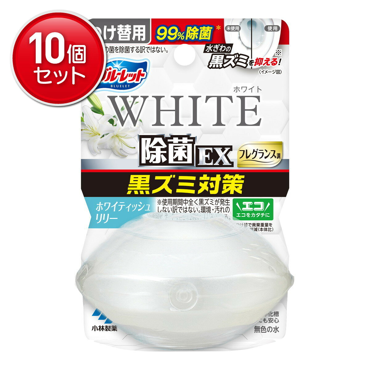 商品名：小林製薬 液体 ブルーレット おくだけ 除菌EX 黒ズミ対策 フレグランス調 つけ替用 ホワイト ホワイティッシュリリー内容量：1個JANコード：4987072099032発売元、製造元、輸入元又は販売元：小林製薬原産国：日本商品番号：101-*010-4987072099032商品説明シンプルなデザインと清潔感のあるリリーの香りで、トイレ空間に馴染むタンククリーナー除菌※処方で、水ぎわの黒ずみの発生を抑え※、お掃除が楽になります。※水ぎわの黒ズミ原因菌への効果。使用期間中まったく黒ズミが発生しない訳ではない。全ての菌を除菌する訳ではない。洗浄・防汚成分を配合、便器をコートし、汚れの付着を抑え、便器のきれいを保ちます。使用できないトイレ ●タンクに手洗いのないトイレ ●タンクの水をおしり洗浄に使うトイレ ●簡易水洗トイレ（くみ取り式） [使用方法] 注意 ボトルについている止栓キャップを絶対にはずさないでください。 （1）お願い 　　　　効果を発揮させるために、便器を掃除してからご使用ください。 （2）逆さまに持って突起部で止栓キャップを突き破り、ボトルと下容器に隙間がないように差し込む。 　　（注意）脚部で絶対ささない。 （3）手洗い部に置き、液の通りをよくするためにボトルを2 3回へこむ程度に強く押す。 ★セットが不十分な場合は液がこぼれ、短期間でなくなる場合があります。 ★自然に液が減るので容器に直接水があたらなくても使えます。 薬剤がなくなりましたら、「つけ替用」をお求めください広告文責：アットライフ株式会社TEL 050-3196-1510 ※商品パッケージは変更の場合あり。メーカー欠品または完売の際、キャンセルをお願いすることがあります。ご了承ください。