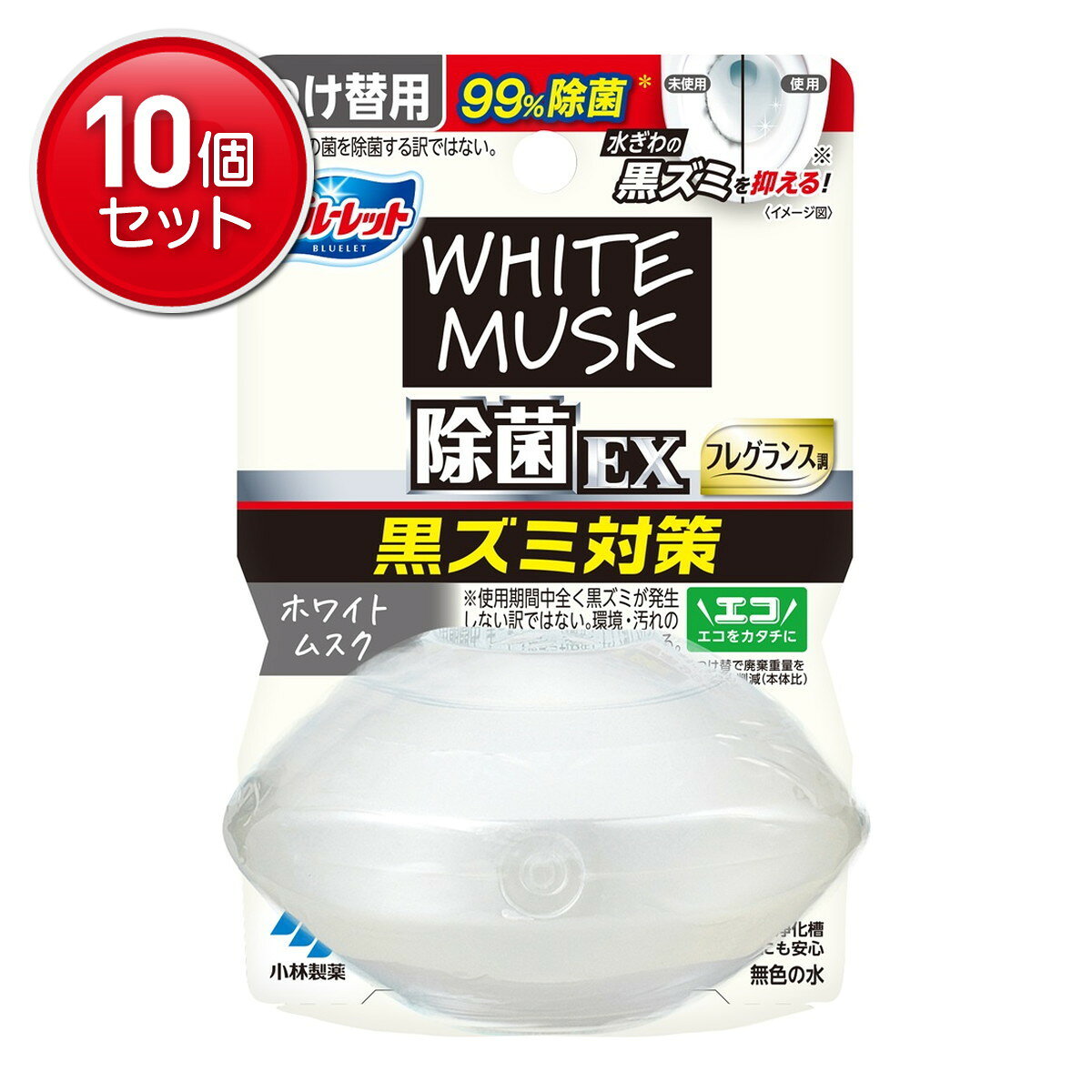 商品名：小林製薬 液体ブルーレット おくだけ 除菌EX フレグランス つけ替用 ホワイトムスク 67mL内容量：67mLJANコード：4987072100325発売元、製造元、輸入元又は販売元：小林製薬原産国：日本商品番号：101-*010-4987072100325商品説明・ホワイトムスクの香りで、除菌＊ができるブルーレット。・除菌率99％＊で、水ぎわの黒ズミの発生を抑え※、お掃除が楽になります。＊水ぎわの黒ズミ原因菌への効果。全ての菌を除菌する訳ではない。当社の実験室内の検証結果による※環境・汚れの程度で効果が異なることがある。使用期間中、まったく黒ズミが発生しない訳ではない・流れる水は無色です「使用方法」使用できないトイレ ・タンクに手洗いのないトイレ ・タンクの水をおしり洗浄に使うトイレ ・簡易水洗トイレ（くみ取り式） 【注意】 ボトルについている止栓キャップを絶対にはずさないでください。 （1）お願い　効果を発揮させるために、便器を掃除してからご使用ください。 　　　使用済のボトルをタンクの上でひねりながらはずす。 （2）逆さまに持って突起部で止栓キャップを突き破り、ボトルと下容器に隙間がないように差し込む。 　　（注意）脚部で絶対ささない （3）手洗い部に置き、液の通りをよくするためにボトルを2 3 回へこむ程度に強く押す。 ・セットが不十分な場合は液がこぼれ、短期間でなくなる場合があります。 ・自然に液が減るので容器に直接水があたらなくても使えます。 どの液体ブルーレットの下容器にも使えます。広告文責：アットライフ株式会社TEL 050-3196-1510 ※商品パッケージは変更の場合あり。メーカー欠品または完売の際、キャンセルをお願いすることがあります。ご了承ください。