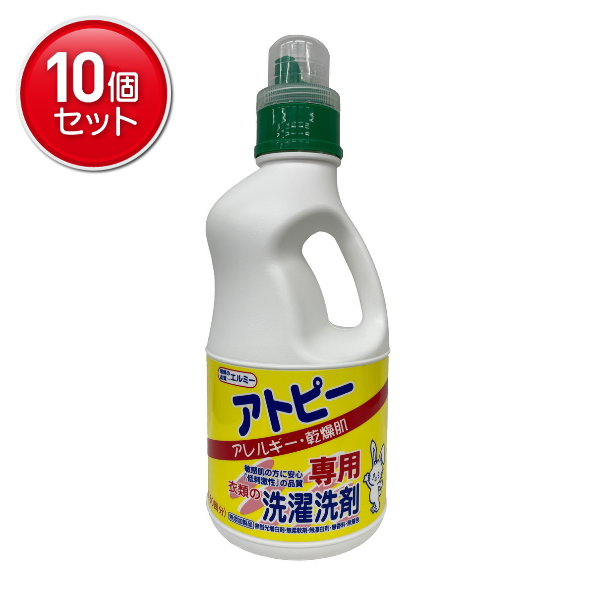 　 エルミー アトピー専用衣類の洗濯洗剤 すすぎ後の衣類に残っている石鹸や洗剤が、服を着た時に体温と汗でお湯にとけ出し、「かゆみ」「カブレ」「湿疹」等を誘発する事があります。本品はそれらの残留洗剤の副作用を受けにくくするために、すすぎで洗剤が残りにくい成分工夫と、肌への刺激が心配される種々の添加物を削除した、低刺激性のやさしい洗剤です。●リン・蛍光剤・柔軟剤・無添加製品●アトピー・乾燥肌専用●エルミー アトピー専用衣類の洗濯洗剤は、濯ぎ後の衣類に残留する洗剤が原因で誘発する、お肌の「かゆみ」「カブレ」「湿疹」等の副作用を軽減すべく工夫された低刺激性で、しかも濯ぎで洗剤が離れ易い離形性に優れた洗剤です。【使い方と使用量の目安】洗濯槽の水約30L（標準）に対して、本品約20mlを投入して洗濯して下さい。水量や汚れの状態により洗剤の量を増減してご使用下さい。すすぎは十分行って下さい。【ご注意事項】●本品は皮膚疾患の方全員に効果的とは断言できません。本品で異常が認められる時は使用を中止してください。●赤ちゃんの衣類にもご使用いただけます。●衣類用の取り扱い表示に従って洗濯してください。●必ずご使用前に衣類の取扱表示をお読みの上、表示に従って洗濯してください。●色・がら物は目立たない部分に原液をつけて、色落ちのなき事を確認の上で使用する。●つけ置き洗いの場合は約2時間を目安に行ってください。【使用上の注意】●子供の手の届く所に置かない。●荒れ性の方や長時間使う場合、また原液で使う時は炊事用手袋を使用する。●用途以外には使用しない。[応急処置]●万一飲み込んだ時は水を飲ませる等の処置をする。●目に入った場合は、こすらずにすぐに水で洗い流す。●いずれも異常がある時は医師に相談する。品名 洗濯用合成洗剤 用途 綿・麻・レーヨン・合成繊維用 液性 アルカリ性 成分 界面活性剤（ポリオキシエチレンアルキルエーテル、脂肪酸アルカノールアミド、アルキルベタイン)、水軟化剤（アルカリ剤） JANコード：4983239051509 広告文責：アットライフ株式会社TEL 050-3196-1510※商品パッケージは変更の場合あり。メーカー欠品または完売の際、キャンセルをお願いすることがあります。ご了承ください。⇒エルミー　敏感肌向け　低刺激性洗剤はこちらから