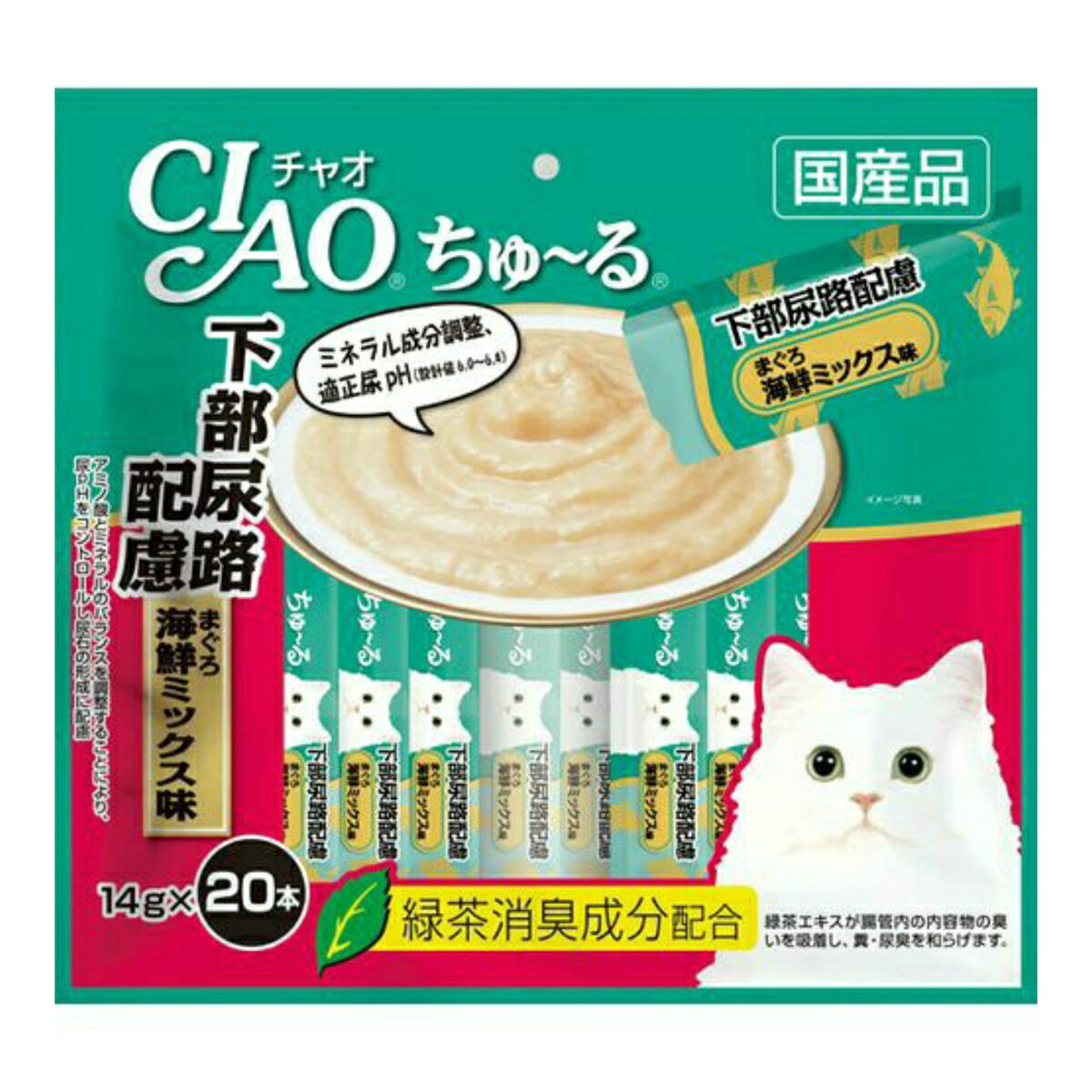 商品名：チャオ ちゅーる 下部尿路配慮 まぐろ 海鮮ミックス味(14g*20本入)内容量：20本JANコード：4901133625985発売元、製造元、輸入元又は販売元：いなばペットフード原産国：日本商品番号：101-4901133625985商品説明：一度与えたら やみつきになるおいしさです。素材のうま味がたっぷりつまった贅沢な仕上がり。緑茶消臭成分配合。緑茶エキスが腸管内の内容物の臭いを吸着し、糞・尿臭を和らげます。また、アミノ酸とミネラルバランスを調整することにより、尿pHをコントロールする尿石の形成に配慮しています。【原材料】：＜原材料＞まぐろ、鶏脂、まぐろエキス、ほたてエキス、かつおだし、DHA・EPA含有精製魚油、オリゴ糖、タンパク加水分解物、増粘剤(加工でん粉)、増粘多糖類、ミルクカルシウム、クエン酸カリウム、ビタミンE、紅麹色素、緑茶エキス＜保証成分＞たんぱく質6.5％以上、脂質4.0％以上、粗繊維0.4％以下、灰分0.8％以下、水分88.0％以下＜エネルギー＞約11kcaL／本【栄養成分】：＜原材料＞まぐろ、鶏脂、まぐろエキス、ほたてエキス、かつおだし、DHA・EPA含有精製魚油、オリゴ糖、タンパク加水分解物、増粘剤(加工でん粉)、増粘多糖類、ミルクカルシウム、クエン酸カリウム、ビタミンE、紅麹色素、緑茶エキス＜保証成分＞たんぱく質6.5％以上、脂質4.0％以上、粗繊維0.4％以下、灰分0.8％以下、水分88.0％以下＜エネルギー＞約11kcaL／本【注意事項】：・直射日光を避け、常温にて保管をお願いします。・お使い残りの出た場合は、他の容器に移し替えて冷蔵庫に入れ、早めにお与えください。広告文責：アットライフ株式会社TEL 050-3196-1510 ※商品パッケージは変更の場合あり。メーカー欠品または完売の際、キャンセルをお願いすることがあります。ご了承ください。