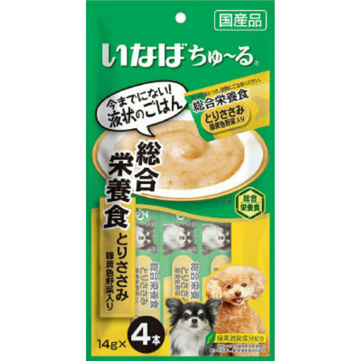 商品名：いなば ちゅ〜る 総合栄養食 とりささみ 緑黄色野菜入り 14g×4本内容量：14g×4本JANコード：4901133827709発売元、製造元、輸入元又は販売元：いなば原産国：日本商品番号：101-81151商品説明とりささみをベースに緑黄色野菜をトッピングし、風味豊かに仕上げました。ちゅ〜っと出して、なめるだけで簡単栄養補給。一度与えたらやみつきになるおいしさです。たんぱく質7.0%以上、脂質4.0%以上、粗繊維0.3%以下、灰分2.5%以下、水分86.0%以下1日4本を目安におやつとしてお与えください。たんぱく質7.0%以上、脂質4.0%以上、粗繊維0.3%以下、灰分2.5%以下、水分86.0%以下袋の誤飲にご注意ください。お使い残りの出た場合は、他の容器に移し替えて冷蔵庫に入れ早めにお与えください。広告文責：アットライフ株式会社TEL 050-3196-1510 ※商品パッケージは変更の場合あり。メーカー欠品または完売の際、キャンセルをお願いすることがあります。ご了承ください。