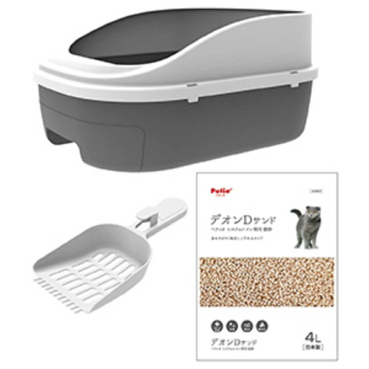 商品名：ペティオ 猫システム トイレセット トイレに流せる猫砂 デオンDサンド入内容量：1個JANコード：4903588262203発売元、製造元、輸入元又は販売元：ペティオ原産国：中華人民共和国商品番号：101-81154商品説明従来のシステムトイレと違い、シーツを使わない新しいシステムトイレ。シーツを使わず砂だけなので、お手入れは砂の入れ替えのみで簡単で、消耗品が1つのだけなので経済的です。本体・スコップ：ポリプロピレン、デオンDサンド：木粉・おから・デオンD・抗菌剤●本品は猫用です。猫以外には使用しないでください。●本品は室内用です。屋外では使用しないでください。●人やペットが破片等を誤飲しないように注意してください。万一、誤飲した場合は各医師に相談してください。●空袋は幼児・子供・ペットがおもちゃにしないように注意してください。●本品を移動させる場合は、猫が中にいないか確認し、底から持ち上げてください。●トレーがしっかり閉じていることを確認してご使用ください。●本品は必ず水平で安定した場所に設置してください。●人が本品に乗ったり、座ったりしないでください。●火気のそばでの使用や保管はしないでください。●幼児・子供・認知症の方・ペットのふれない所に保管してください。●直射日光・高温多湿の場所をさけて保管してください。★愛猫の性格・性質等をご理解のうえ、お選びください。★猫砂は天然素材を使用しているため、色に多少のバラツキがあります。★猫砂の製造工程上、形状・サイズ等に多少のバラツキがあります。★猫砂開封後は封をして直射日光・高温多湿の場所をさけて保管してください。★商品の仕様は予告なく変更する場合があります。★廃棄する場合は、各自治体の指示に従ってください。★品質管理には万全を期しておりますが、お気づきの点がありましたらお客様相談室までお問合せください。広告文責：アットライフ株式会社TEL 050-3196-1510 ※商品パッケージは変更の場合あり。メーカー欠品または完売の際、キャンセルをお願いすることがあります。ご了承ください。