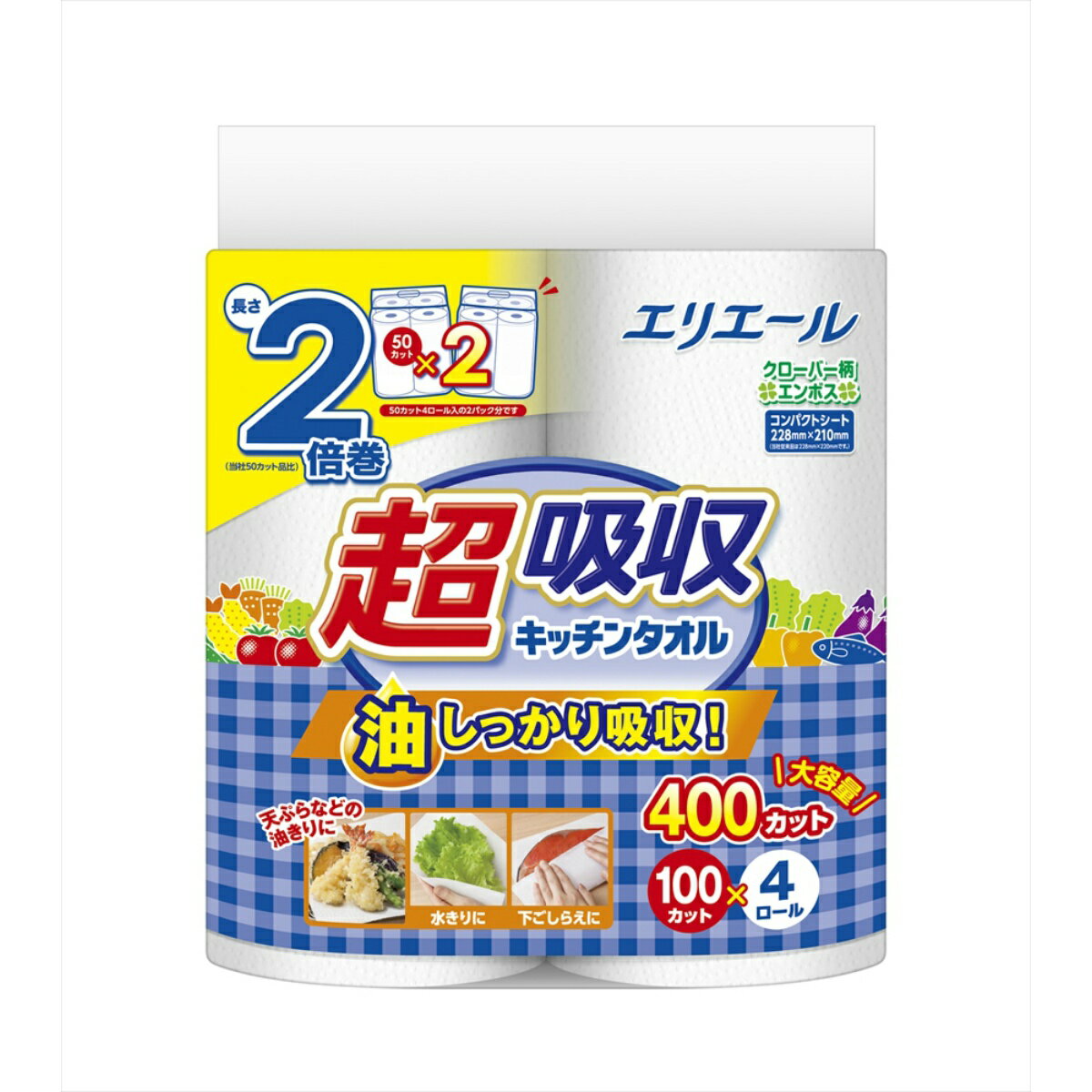 楽天姫路流通センター【送料込・まとめ買い×10点セット】大王製紙 エリエール 超吸収キッチンタオル 100カット×4ロール キッチンペーパー