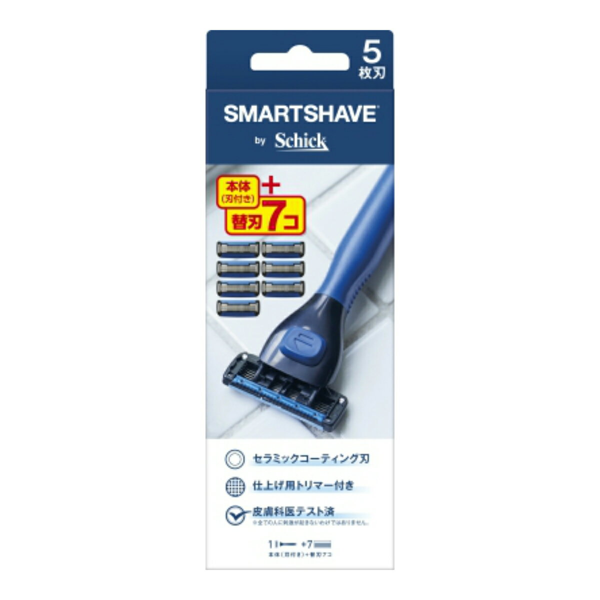 商品名：シック スマートシェーブ by Schick コンボパック 本体 刃付き + 替刃 7個入内容量：1セットJANコード：4891228309640発売元、製造元、輸入元又は販売元：シック原産国：中華人民共和国商品番号：101-22006商品説明●カミソリ刃：刃先のセラミックコーティングでなめらかな剃り味、快適なシェービングで目詰まりしづらく、すすぎやすい／もみあげや鼻の下、ひげのキワを整えるトリマー付き●スムーザー：ビタミンE配合のスムーザーが、刃の滑りを良くしてヒリヒリから肌を守る●敏感肌の方にも：皮膚科医テスト済(全ての人に刺激が起きないというわけではありません)広告文責：アットライフ株式会社TEL 050-3196-1510 ※商品パッケージは変更の場合あり。メーカー欠品または完売の際、キャンセルをお願いすることがあります。ご了承ください。