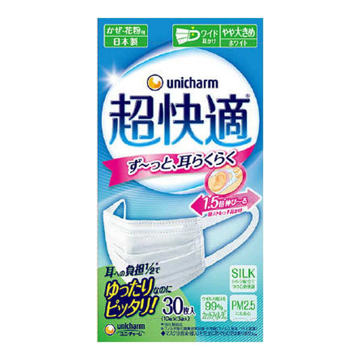 【送料込・まとめ買い×4点セット】ユニ・チャーム 超快適 マスク プリーツタイプ 30枚入　やや大きめ 日本製　ホワイト（4903111538683）