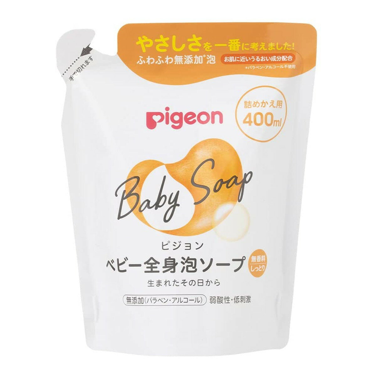 商品名：ピジョン ベビー全身泡ソープ しっとり 詰めかえ用 400ml内容量：400mlJANコード：4902508084437発売元、製造元、輸入元又は販売元：ピジョン原産国：日本区分：化粧品商品番号：101-80120商品説明●生まれたての肌へのやさしさを考えた処方。●赤ちゃんのお肌にあわせた弱酸性●赤ちゃんのお肌を泡でやさしく洗います。●無添加(パラベン・アルコール・香料・着色料)●硫酸系界面活性剤を使用していません。広告文責：アットライフ株式会社TEL 050-3196-1510 ※商品パッケージは変更の場合あり。メーカー欠品または完売の際、キャンセルをお願いすることがあります。ご了承ください。