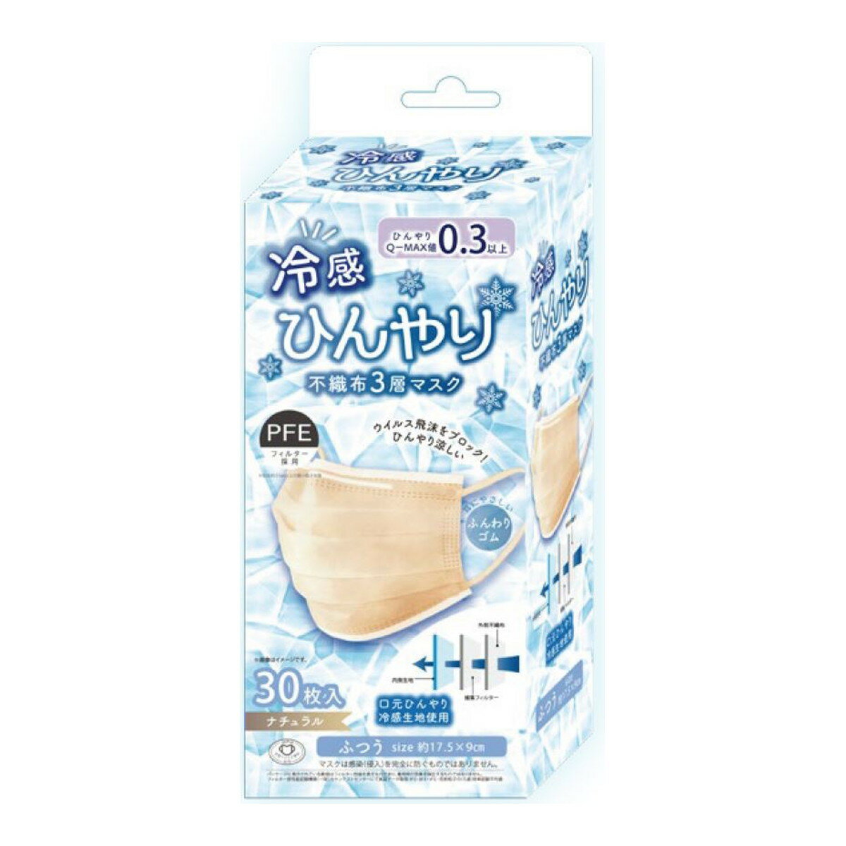 【令和・早い者勝ちセール】インターベース 冷感ひんやりマスク 30枚入 不織布 3層 ナチュラル （4573475400898）