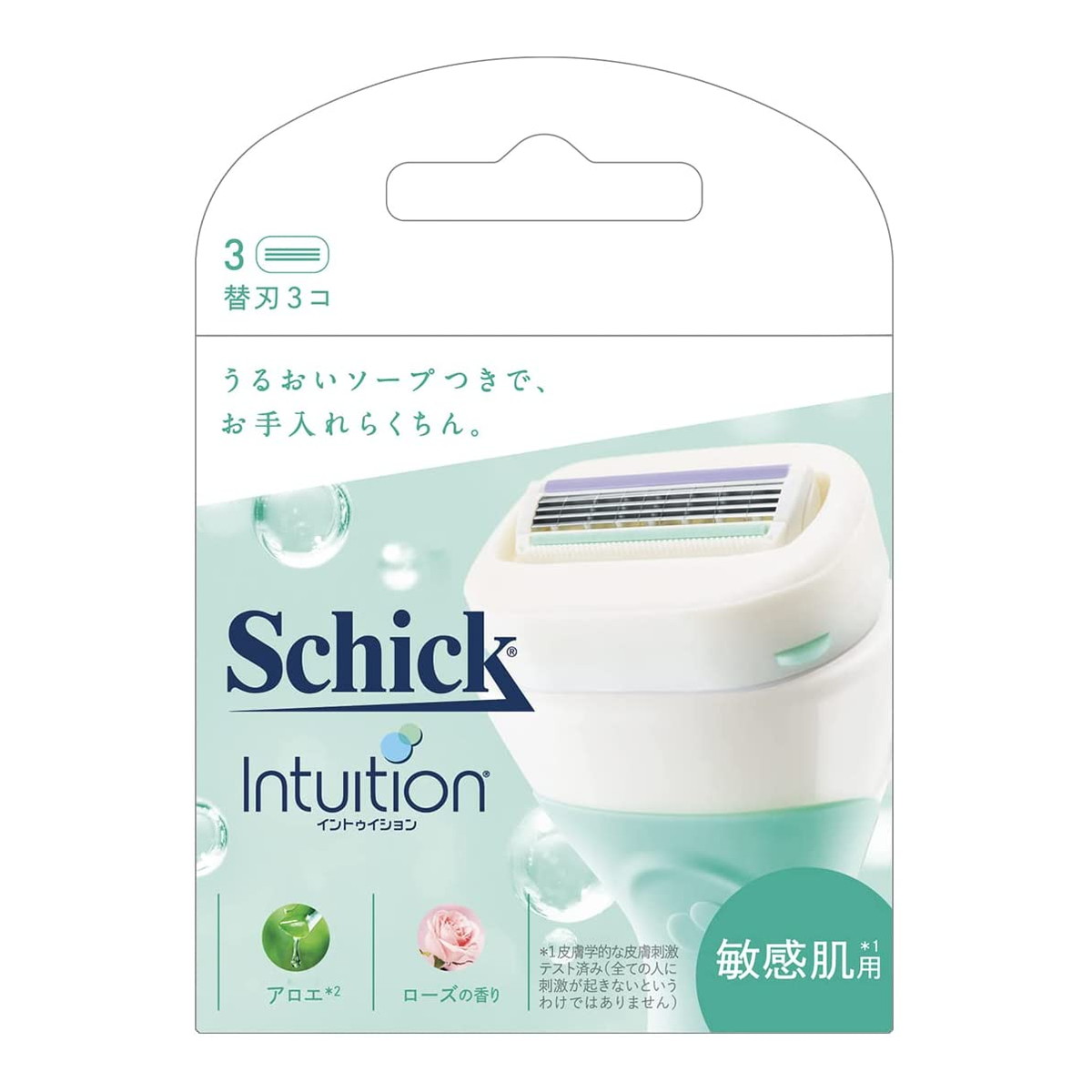 商品名：Schick イントゥイション 敏感肌用 替刃 3コ入内容量：3コ入JANコード：4891228312244発売元、製造元、輸入元又は販売元：シック原産国：ドイツ商品番号：101-25331商品説明はじめてでも安心。ボディソープなしで剃れる。敏感肌用。天然由来成分配合のモイスチャーソープ（ローズの香り）付き刃。セーフティーワイヤー付き4枚刃。替刃3コ入り。広告文責：アットライフ株式会社TEL 050-3196-1510 ※商品パッケージは変更の場合あり。メーカー欠品または完売の際、キャンセルをお願いすることがあります。ご了承ください。