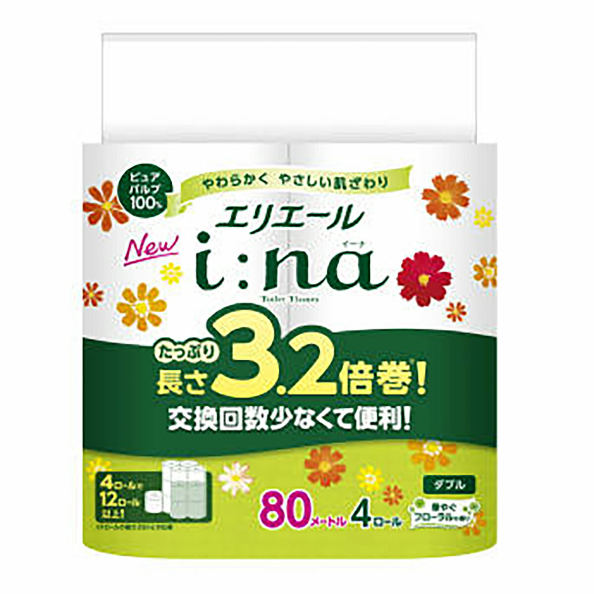 【令和・早い者勝ちセール】大王製紙 エリエール i:na イーナ トイレット 3.2倍巻 華やぐフローラルの香り ダブル 4ロール入