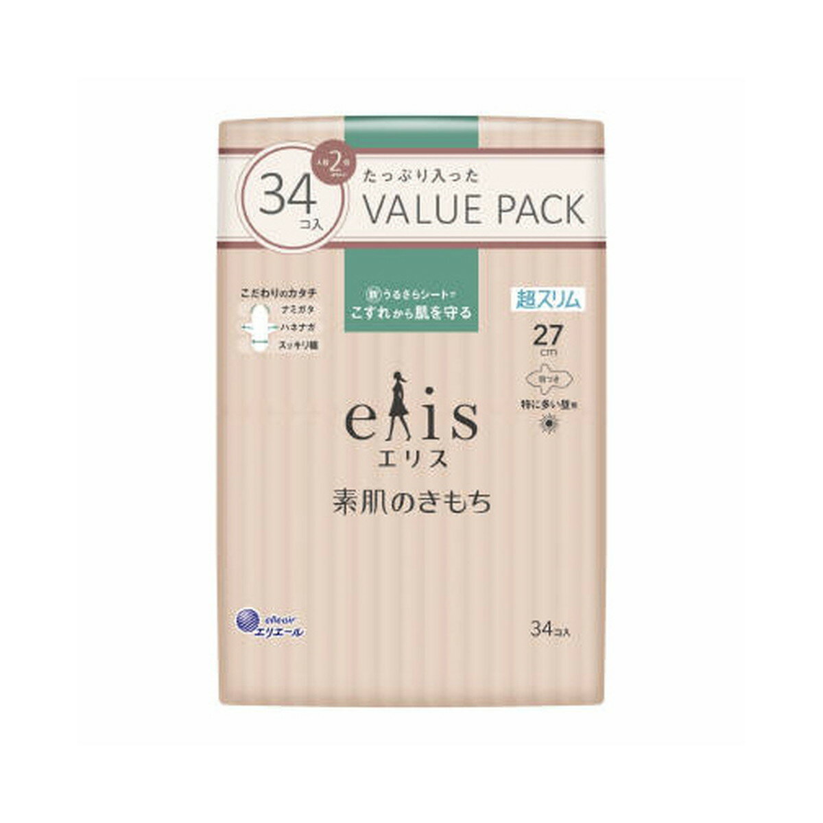 【令和 早い者勝ちセール】大王製紙 エリス 素肌のきもち 超スリム 特に多い昼用 27cm 羽つき 34コ入