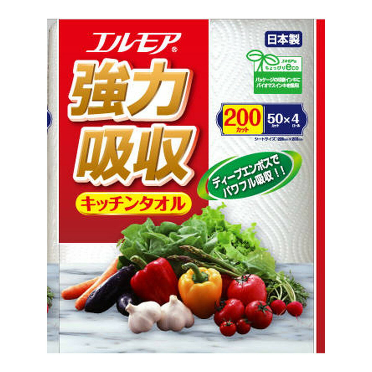 【令和・早い者勝ちセール】カミ商事 エルモア 強力吸収 キッチンタオル 4ロール入り 2枚重ね