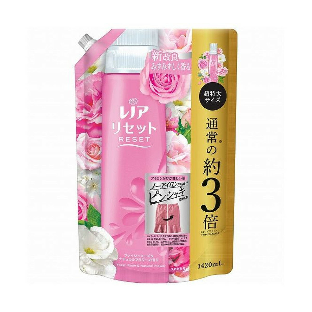 【送料込・まとめ買い×4点セット】P&G レノア リセット フレッシュローズ&ナチュラルフラワーの香り つめかえ用 超特大サイズ 1420ml 柔軟剤 1