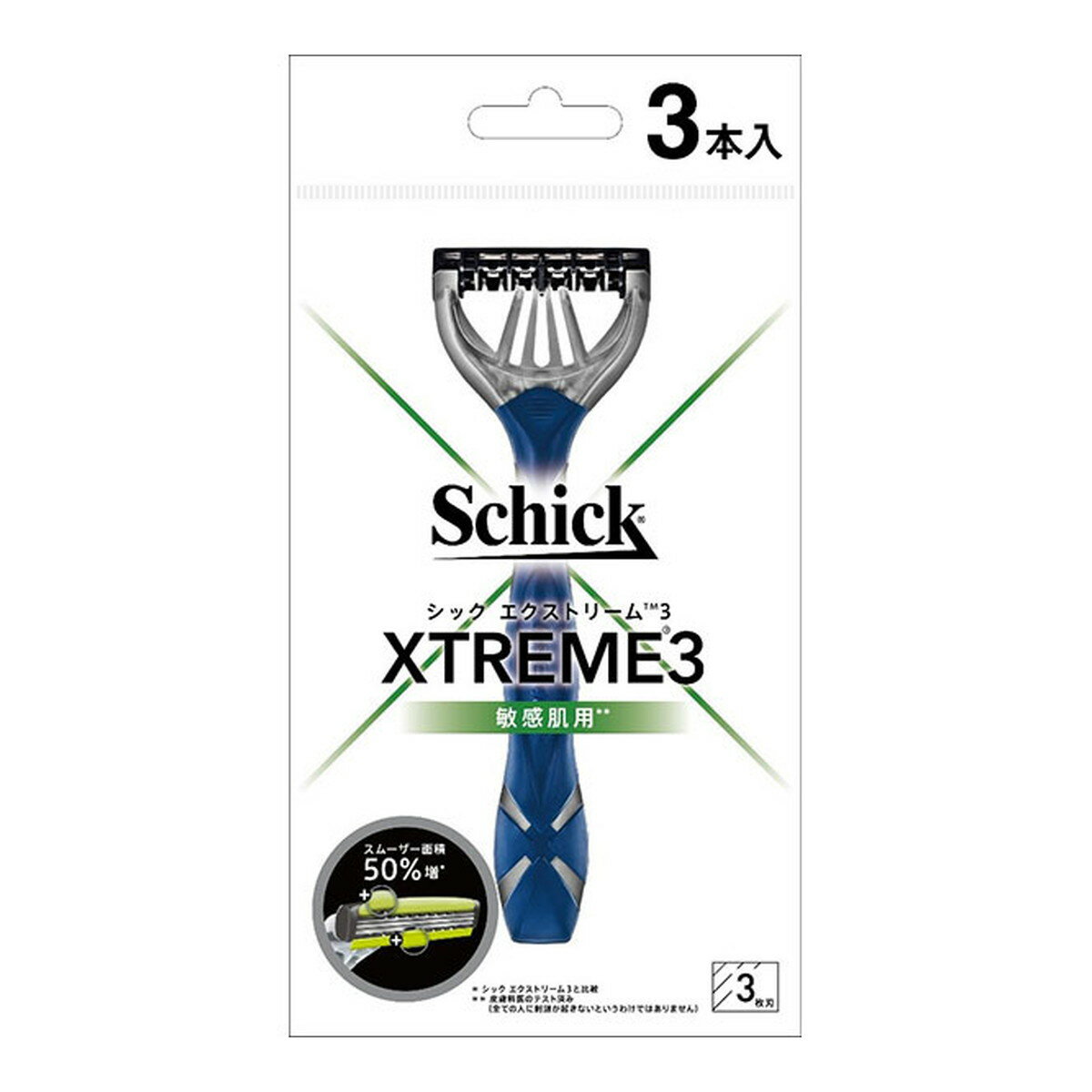 商品名：シック・ジャパン schick シック エクストリーム3 敏感肌用 3本入 カミソリ内容量：3本入JANコード：4891228313388発売元、製造元、輸入元又は販売元：シック・ジャパン原産国：中国商品番号：101-c001-4891228313388商品説明50％面積増※のダブルスムーザー付きの曲がる3枚刃。なめらかで肌にやさしい深剃り。（※エクストリーム3と比較）広告文責：アットライフ株式会社TEL 050-3196-1510 ※商品パッケージは変更の場合あり。メーカー欠品または完売の際、キャンセルをお願いすることがあります。ご了承ください。