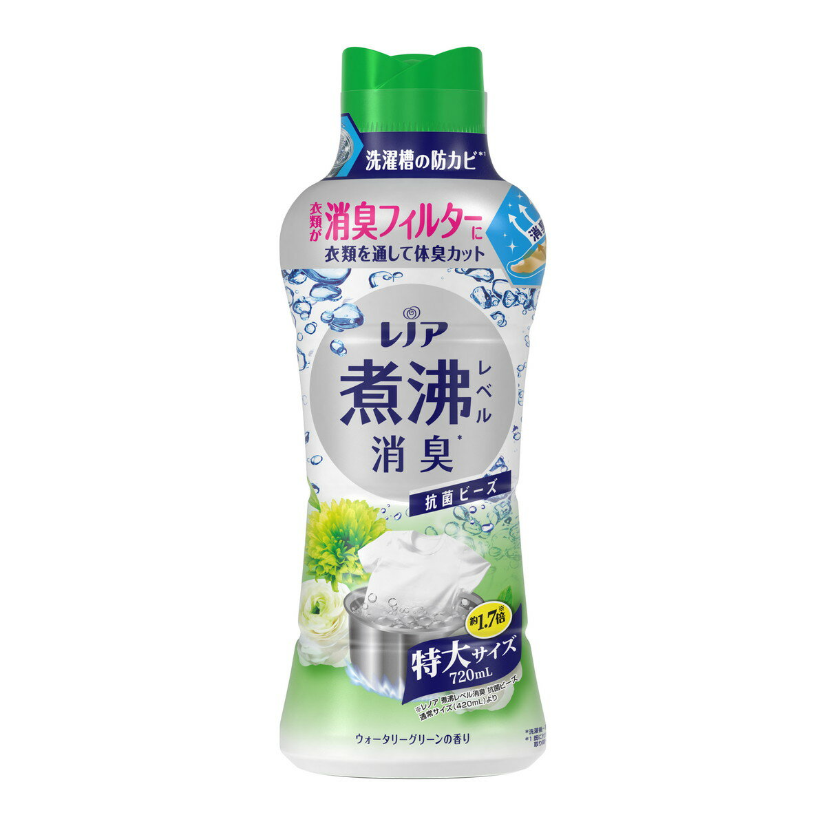 商品名：P&G レノア 煮沸レベル消臭 抗菌ビーズ ウォータリーグリーンの香り 本体 特大サイズ 720ml内容量：720mlJANコード：4987176178954発売元、製造元、輸入元又は販売元：P＆Gジャパン合同会社原産国：中国商品番...