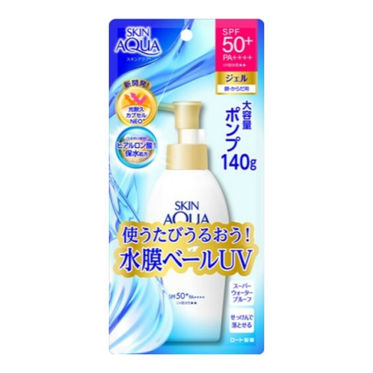 【送料込 まとめ買い×4点セット】ロート製薬 スキンアクア スーパーモイスチャージェル ポンプ 140g 顔 からだ用 スーパーウォータープルーフ SPF50 PA