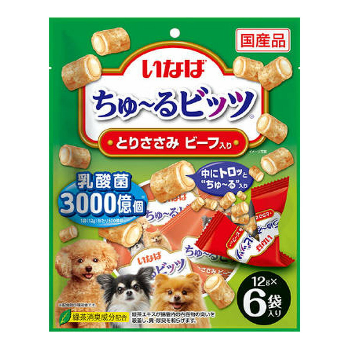 商品名：いなばペットフード いなば ちゅーるビッツ とりささみ ビーフ入り 12g×6袋入 犬用 ドッグフード内容量：12g×6袋JANコード：4901133682322発売元、製造元、輸入元又は販売元：いなばペットフード原産国：日本商品番号：101-4901133682322商品説明●1袋当たり乳酸菌500億個配合●愛犬の健康を維持し、お腹の調子を保ちます●保存料不使用広告文責：アットライフ株式会社TEL 050-3196-1510 ※商品パッケージは変更の場合あり。メーカー欠品または完売の際、キャンセルをお願いすることがあります。ご了承ください。