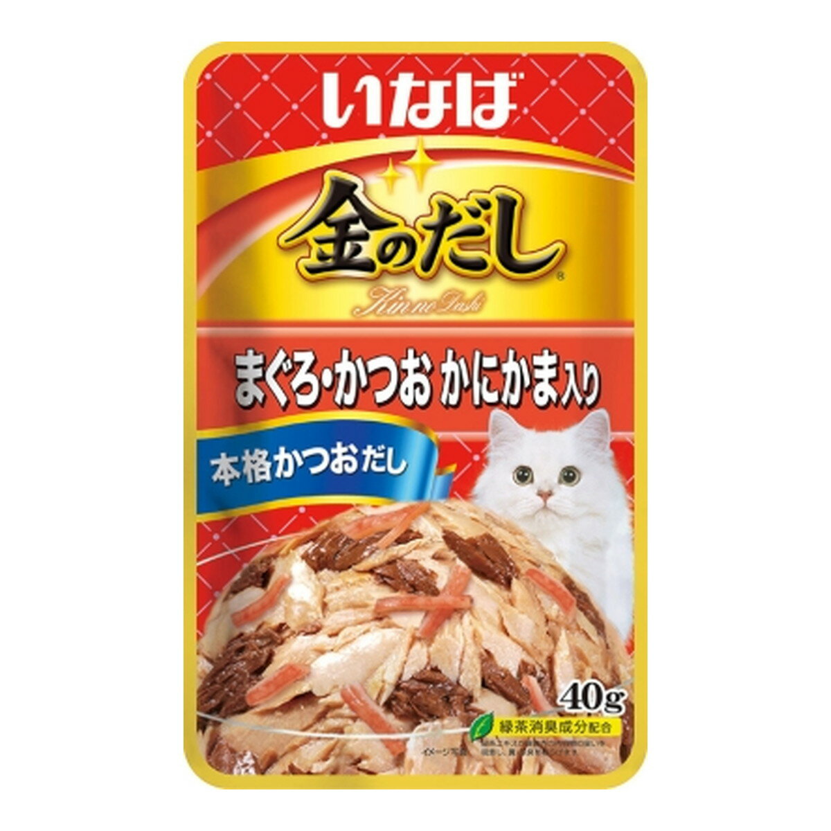 商品名：いなばペットフード いなば 金のだし パウチ まぐろ・かつお かにかま入り 40g内容量：40gJANコード：4901133811654発売元、製造元、輸入元又は販売元：いなばペットフード商品番号：101-4901133811654商品説明・美味しい出汁は美しい金色の輝き。そんなおいしさを伝える金のだし。・まぐろとかつおベースに本格かつおだしを加え旨みプラスに昆布だしも加えました。・緑茶消臭成分配合で、腸管内の内容物の臭いを吸着し、糞尿臭を和らげます。・ビタミンE配合広告文責：アットライフ株式会社TEL 050-3196-1510 ※商品パッケージは変更の場合あり。メーカー欠品または完売の際、キャンセルをお願いすることがあります。ご了承ください。