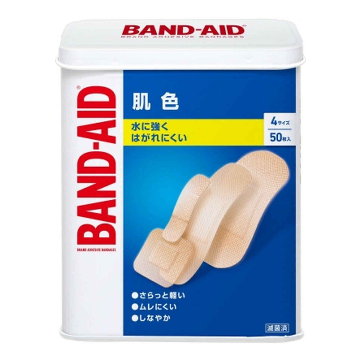 商品名：BAND-AID バンドエイド 肌色 4サイズ 50枚入内容量：50枚JANコード：4901730230346発売元、製造元、輸入元又は販売元：KENVUE(旧ジョンソン・エンド・ジョンソン コンシューマーヘルス)原産国：中華人民共和国区分：医療機器商品番号：101-4901730230346商品説明貼り心地が良く、端からはがれにくい「オーバル形」を採用。ユニークなカタチがパッド部分（創傷部分）にかかるストレスを軽減します。また、テープの端が丸くなったことではがれにくくなりました。すべてのバンドエイドは滅菌済です。広告文責：アットライフ株式会社TEL 050-3196-1510 ※商品パッケージは変更の場合あり。メーカー欠品または完売の際、キャンセルをお願いすることがあります。ご了承ください。