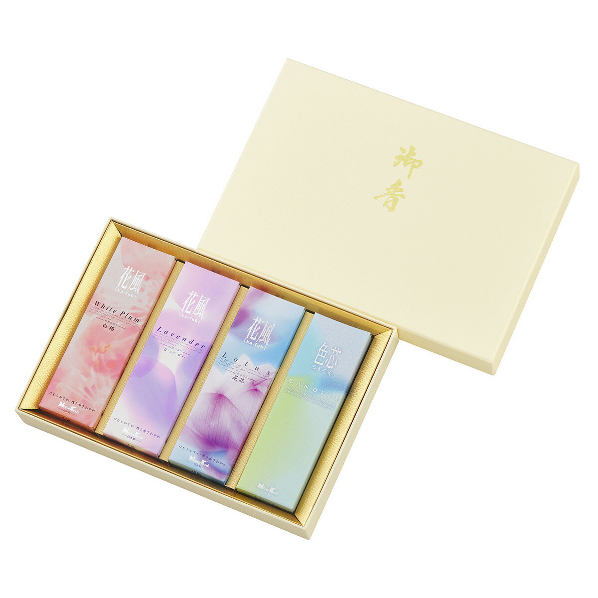 【送料込・まとめ買い×5個セット】日本香堂 花風 三種 色芯ろうそく入 進物 贈答用 線香