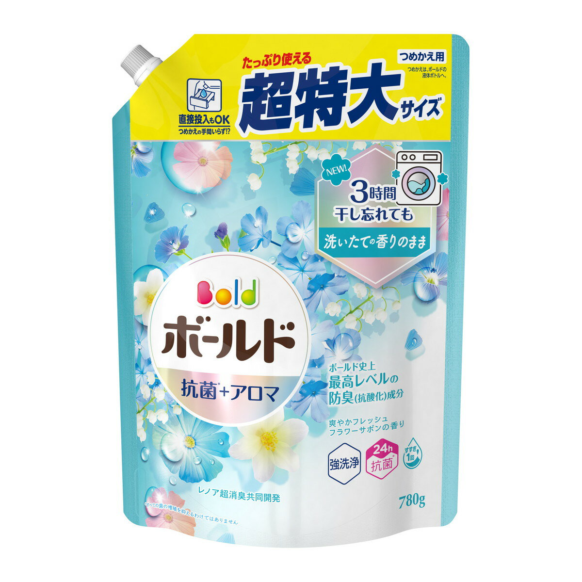 商品名：P&G ボールド ジェル 爽やかフレッシュフラワーサボンの香り つめかえ用 超特大サイズ 780g 洗濯用洗剤内容量：780gJANコード：4987176190512発売元、製造元、輸入元又は販売元：P&Gジャパン合同会社原産国：日本商品番号：101-4987176190512商品説明レノア 超消臭 共同開発みずみずしい♪爽やかフレッシュフラワーサボンの香りボールド史上最高レベルの防臭(抗酸化)成分24h香り長続き*抗菌*1 ＋ アロマシールド強洗浄すすぎ1回OK* 保管状態で*1 すべての菌の増殖を抑えるわけではありません広告文責：アットライフ株式会社TEL 050-3196-1510 ※商品パッケージは変更の場合あり。メーカー欠品または完売の際、キャンセルをお願いすることがあります。ご了承ください。