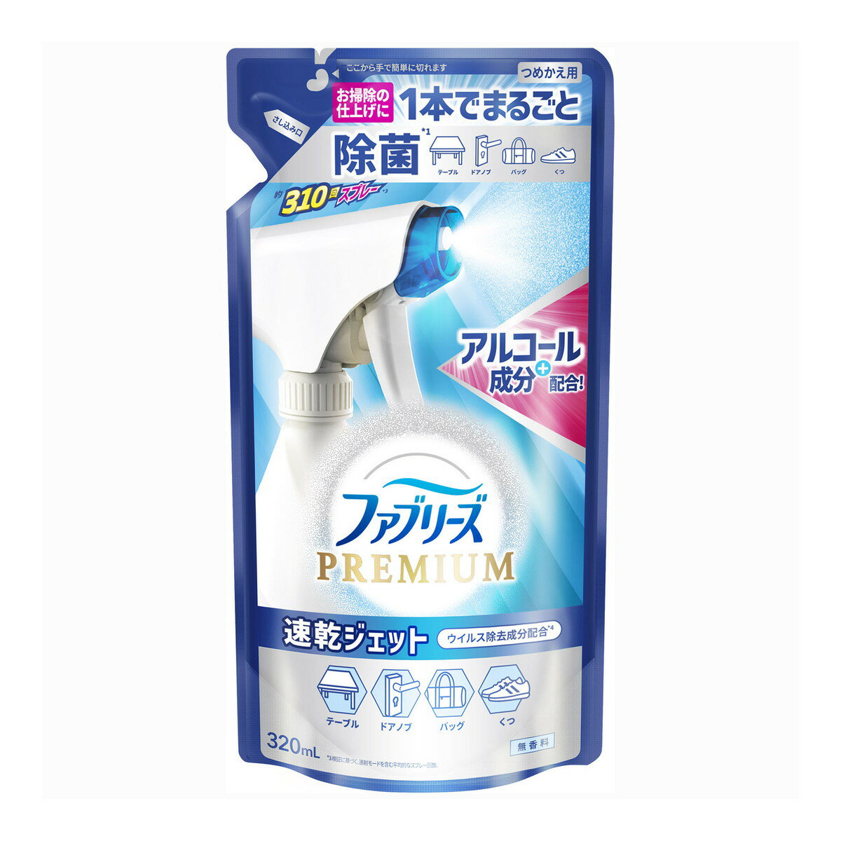 【無くなり次第終了】P&G ファブリーズ プレミアム 速乾ジェット 無香料 アルコール成分入り つめかえ用 320ml（4987176193803）※パッケージ変更の場合あり の商品画像