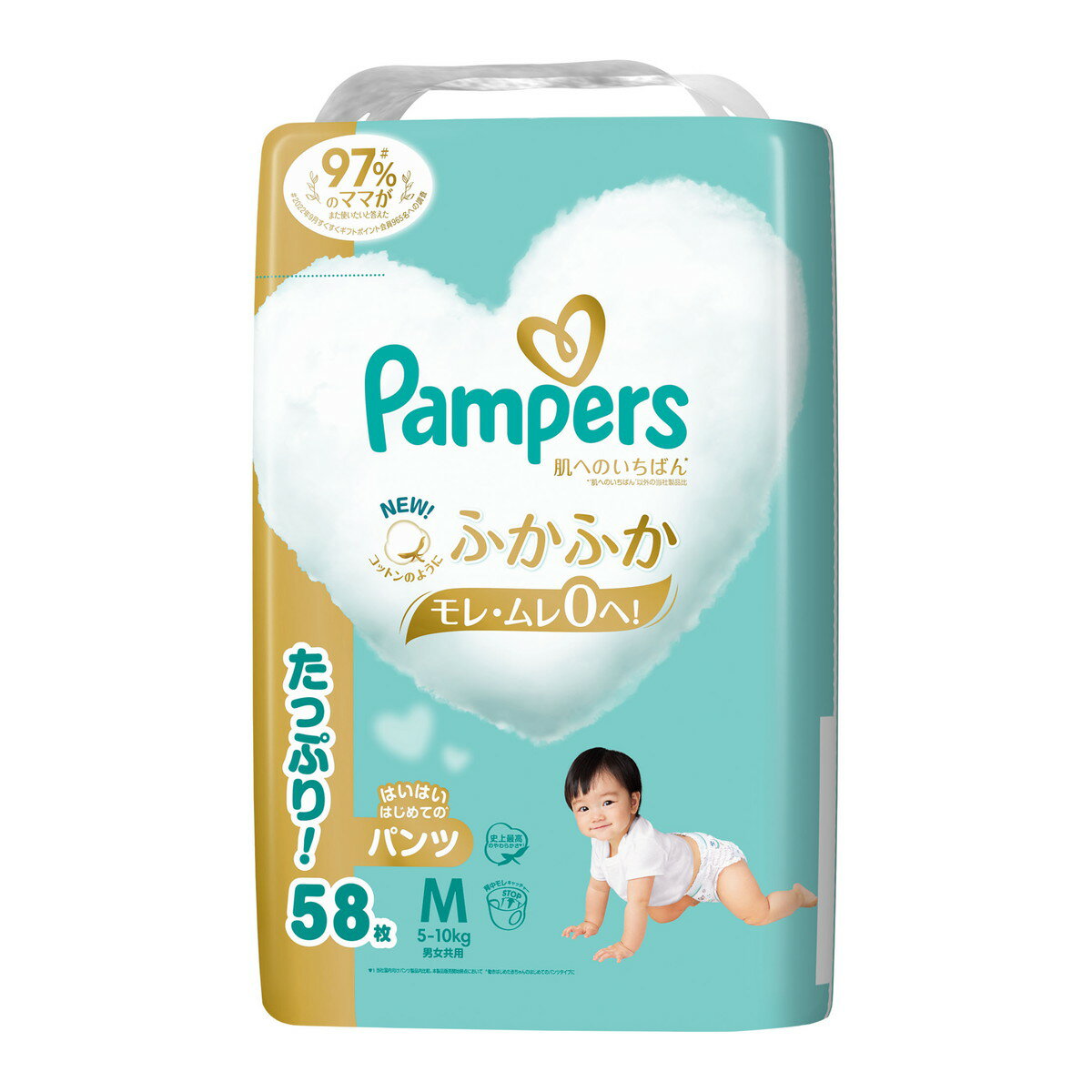 商品名：P&G パンパース 肌へのいちばん パンツ M ウルトラジャンボ 58枚入 男女共用 こども用紙おむつ内容量：58枚JANコード：4987176203137発売元、製造元、輸入元又は販売元：P&G商品番号：101-4987176203137商品説明従来品よりさらに「ふかふか」吸収ジェルを増量し、安心の10倍吸収（おむつ重量の10倍の尿を吸収）。動きはじめた赤ちゃんのはじめてのパンツタイプに。広告文責：アットライフ株式会社TEL 050-3196-1510 ※商品パッケージは変更の場合あり。メーカー欠品または完売の際、キャンセルをお願いすることがあります。ご了承ください。