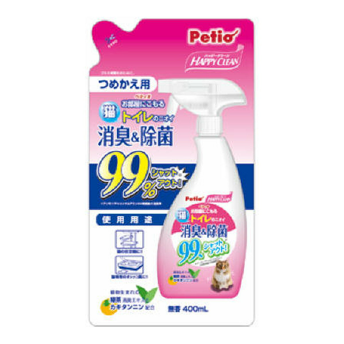 【送料込・まとめ買い×5個セット】ペティオ ハッピークリーン 猫トイレのニオイ 消臭&除菌 つめかえ用 400ml