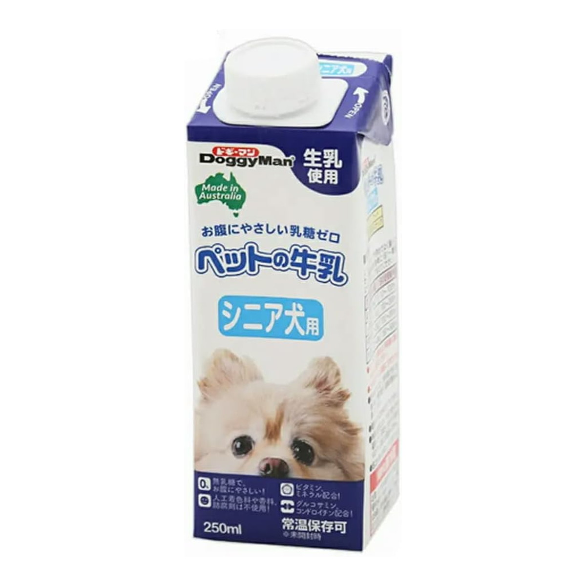 商品名：ドギーマン ペットの牛乳 シニア犬用 250ml ドッグフード内容量：250mlJANコード：4974926010312発売元、製造元、輸入元又は販売元：ドギーマン原産国：オーストラリア商品番号：101-4974926010312商品説明オーストラリア産の生乳から作った、風味が生きているシニア犬用の牛乳です。おなかにやさしい乳糖ゼロ。製造過程で乳糖を完全分解しました。人口着色料や香料、防腐剤を使用せず、生乳の旨さを最大限引き出しています。グルコサミン、コンドロイチン、ビタミン、ミネラル、カルシウム、タウリン配合。シニア犬の健全な生活をサポートします。グルコサミン、コンドロイチンを配合した関節にもやさしいおいしい牛乳です。広告文責：アットライフ株式会社TEL 050-3196-1510 ※商品パッケージは変更の場合あり。メーカー欠品または完売の際、キャンセルをお願いすることがあります。ご了承ください。