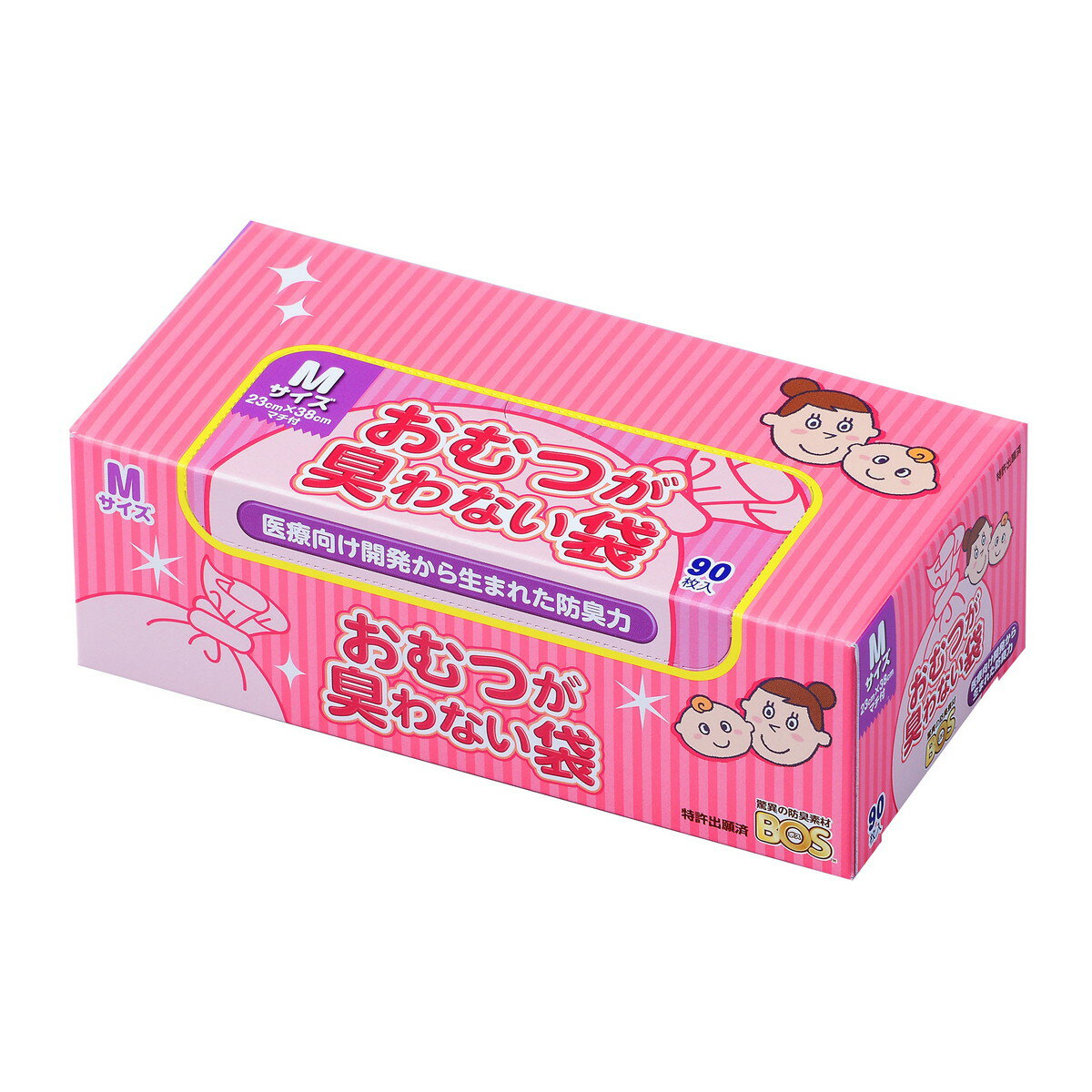 【送料込・まとめ買い×5個セット】クリロン化成 おむつが臭わない袋 BOS ベビー用 Mサイズ 90枚入 ピンク