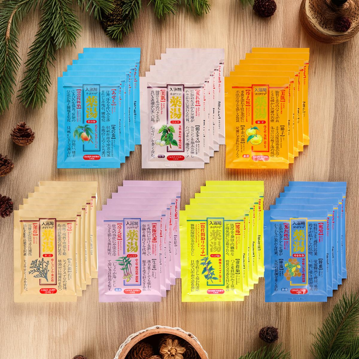【送料込】【使い比べできる!オリヂナル入浴剤分包1ヶ月分セット】オリヂナル 薬湯 しょうが + ハチミツレモン + ハッカ脳 + ヒバ + ユズ + 桃の葉 + シルク 各5包 kk-13